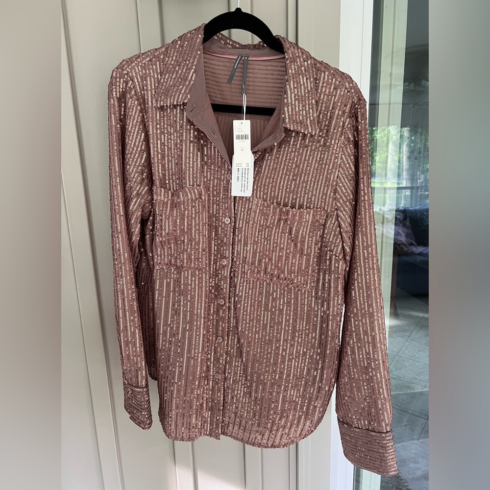 NWT By Anthropologie Sequin Buttondown Blouse Top Women’s Sz XL Bronze NEW